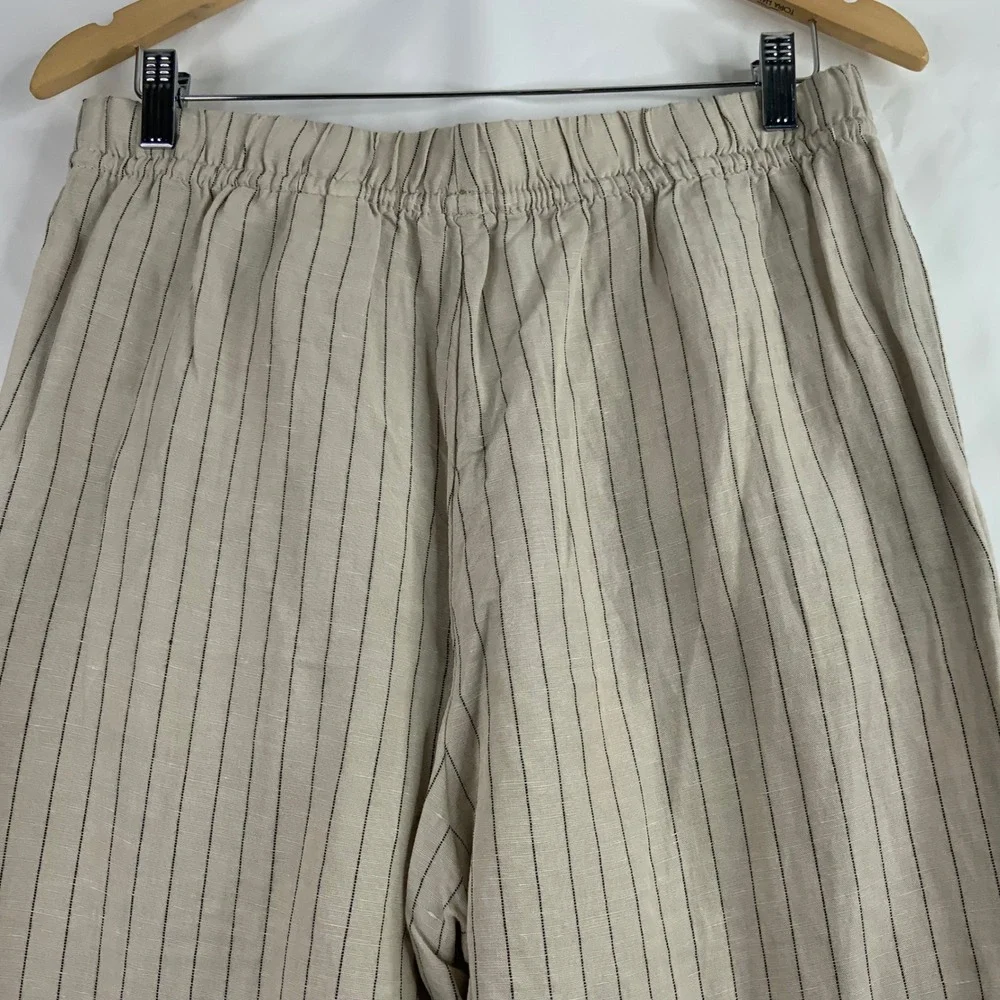 HM Linen Blend Pinstripe Wide Leg Drawstring Pants Beige Black Womens Medium